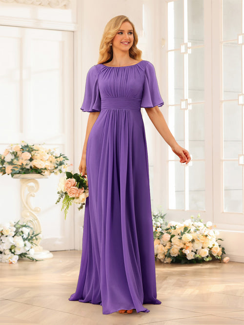 A-Line/Princess Floor-Length Short Sleeves Bridesmaid Dresses with Sash