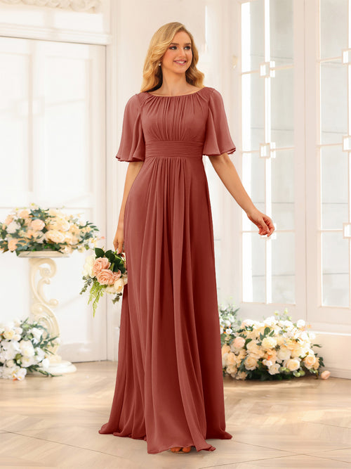 A-Line/Princess Floor-Length Short Sleeves Bridesmaid Dresses with Sash