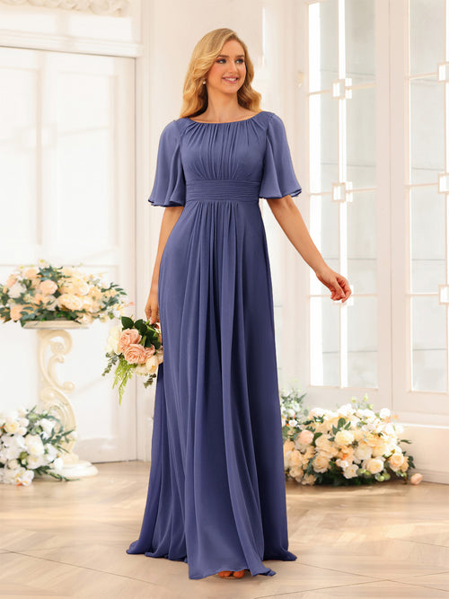 A-Line/Princess Floor-Length Short Sleeves Bridesmaid Dresses with Sash