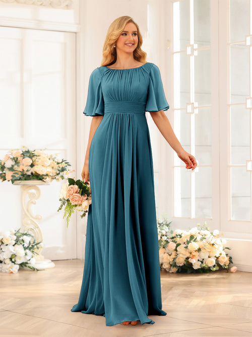 A-Line/Princess Floor-Length Short Sleeves Bridesmaid Dresses with Sash