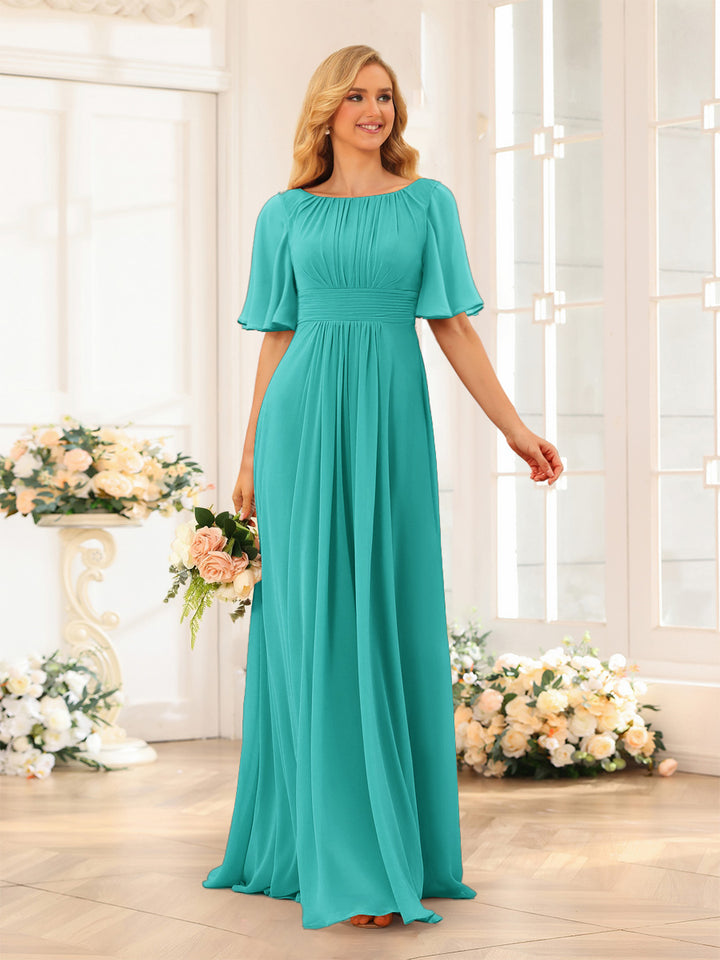 A-Line/Princess Floor-Length Short Sleeves Bridesmaid Dresses with Sash