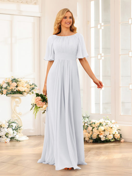 A-Line/Princess Floor-Length Short Sleeves Bridesmaid Dresses with Sash