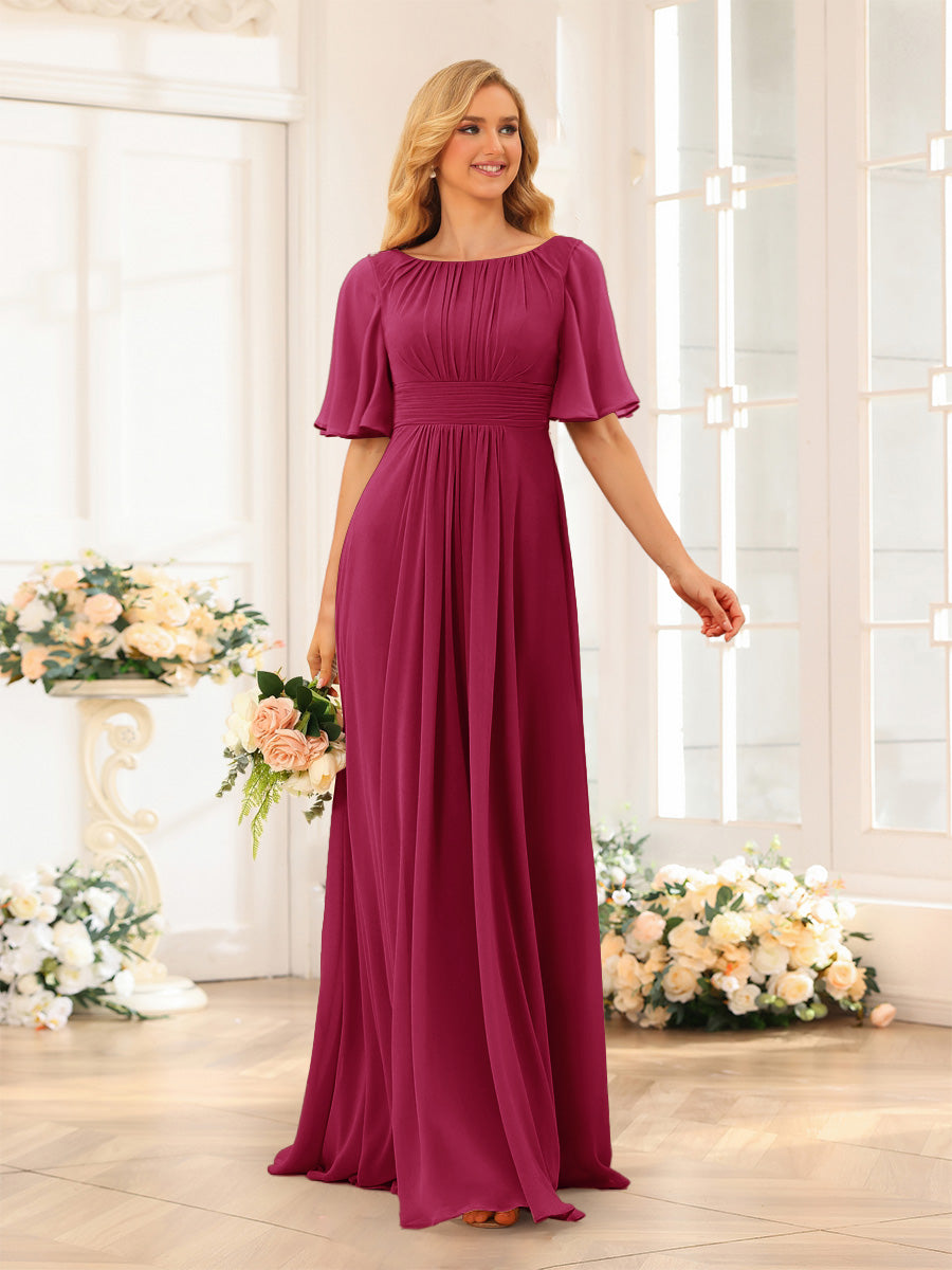 A-Line/Princess Floor-Length Short Sleeves Bridesmaid Dresses with Sash