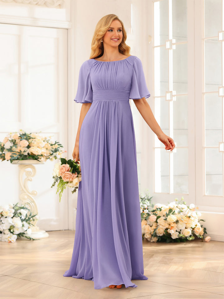 A-Line/Princess Floor-Length Short Sleeves Bridesmaid Dresses with Sash