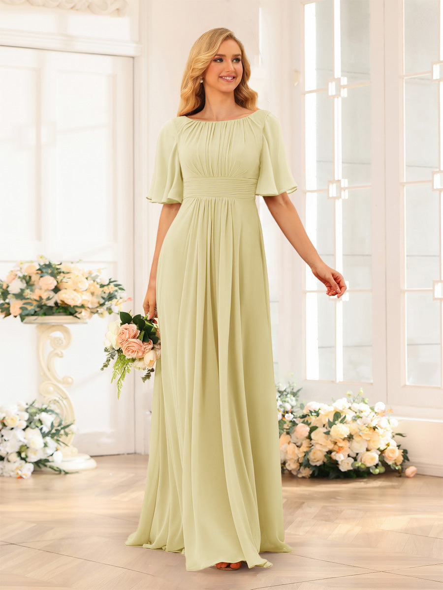 A-Line/Princess Floor-Length Short Sleeves Bridesmaid Dresses with Sash