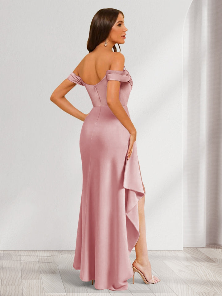 Ankle-Length Off-the-Shoulder V-Neck Bridesmaid Dresses with Split Side &amp; Ruched
