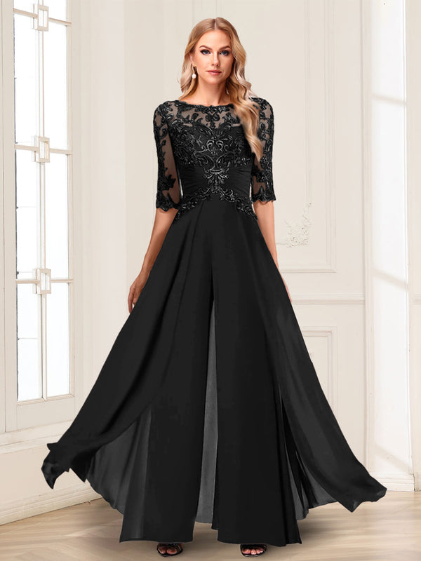 Chiffon Floor-Length Half Sleeves Scoop Mother of the Bride Pantsuits