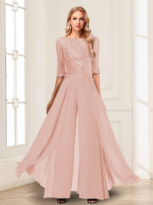 Chiffon Floor-Length Half Sleeves Scoop Mother of the Bride Pantsuits