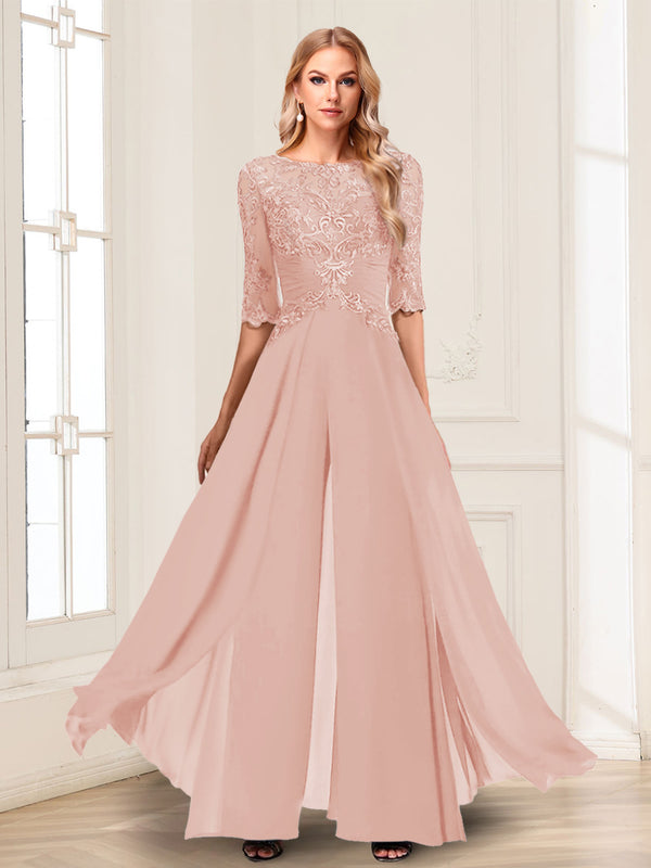 Chiffon Floor-Length Half Sleeves Scoop Mother of the Bride Pantsuits