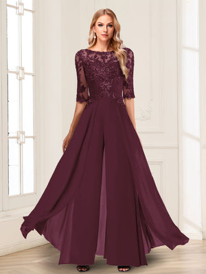 Chiffon Floor-Length Half Sleeves Scoop Mother of the Bride Pantsuits