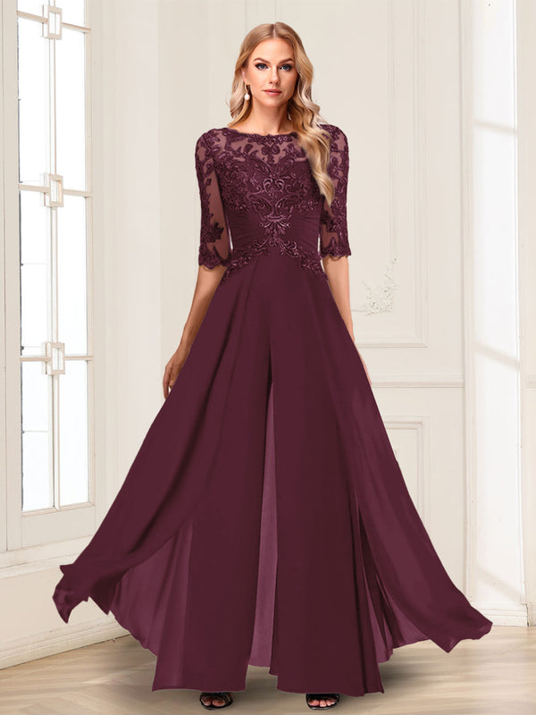 Chiffon Floor-Length Half Sleeves Scoop Mother of the Bride Pantsuits