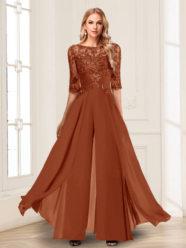 Chiffon Floor-Length Half Sleeves Scoop Mother of the Bride Pantsuits
