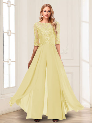 Chiffon Floor-Length Half Sleeves Scoop Mother of the Bride Pantsuits