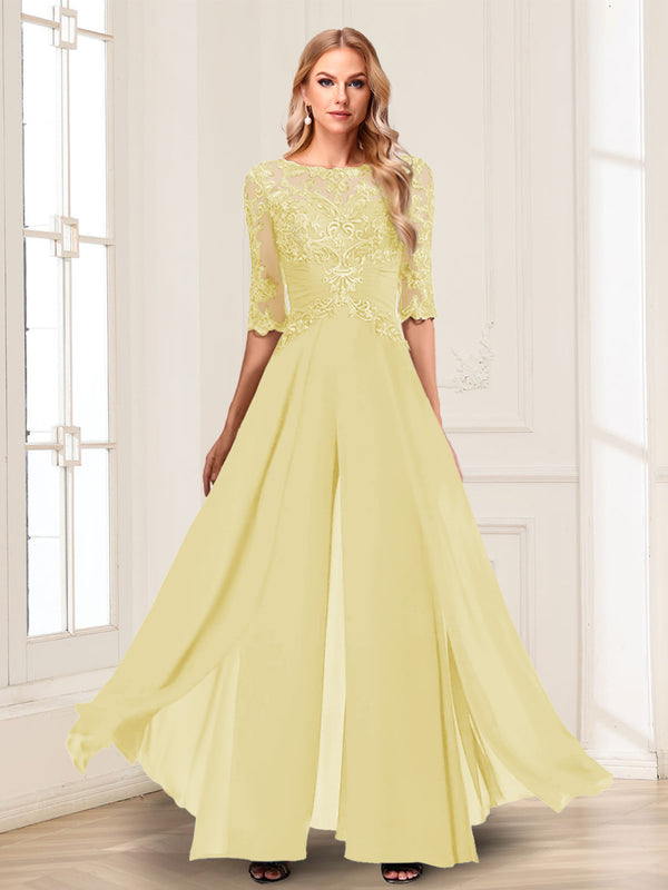 Chiffon Floor-Length Half Sleeves Scoop Mother of the Bride Pantsuits