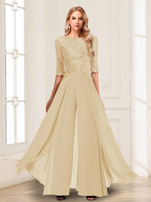 Chiffon Floor-Length Half Sleeves Scoop Mother of the Bride Pantsuits