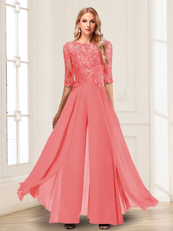 Chiffon Floor-Length Half Sleeves Scoop Mother of the Bride Pantsuits