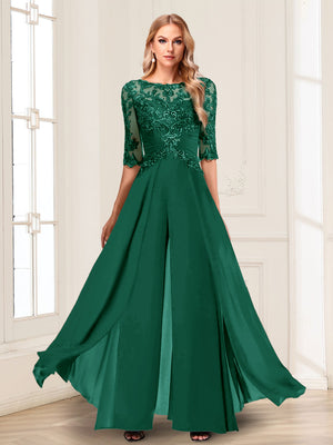 Chiffon Floor-Length Half Sleeves Scoop Mother of the Bride Pantsuits