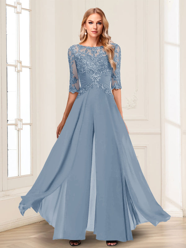 Chiffon Floor-Length Half Sleeves Scoop Mother of the Bride Pantsuits