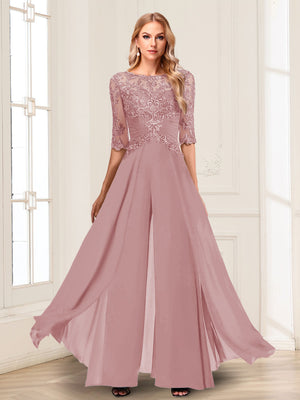 Chiffon Floor-Length Half Sleeves Scoop Mother of the Bride Pantsuits
