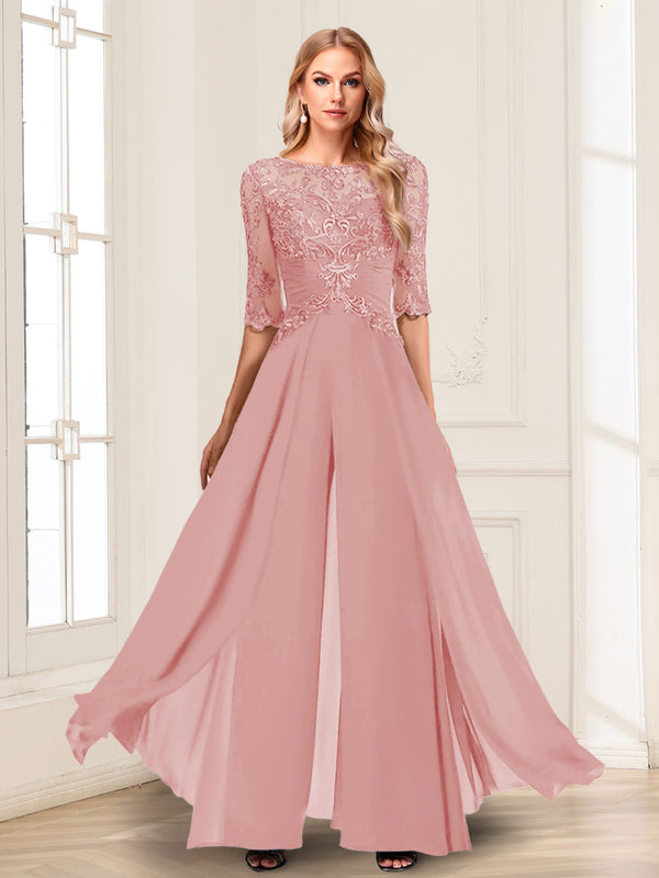 Chiffon Floor-Length Half Sleeves Scoop Mother of the Bride Pantsuits