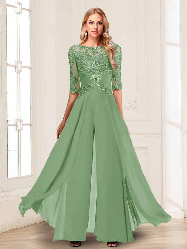 Chiffon Floor-Length Half Sleeves Scoop Mother of the Bride Pantsuits