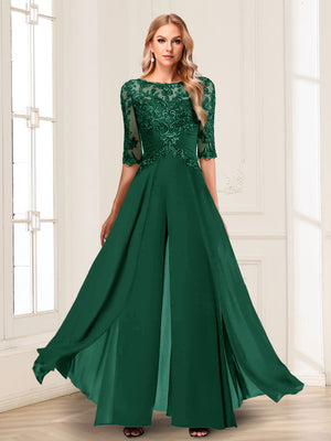 Chiffon Floor-Length Half Sleeves Scoop Mother of the Bride Pantsuits