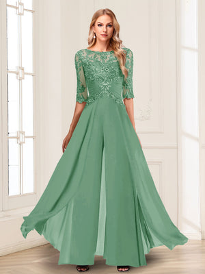 Chiffon Floor-Length Half Sleeves Scoop Mother of the Bride Pantsuits