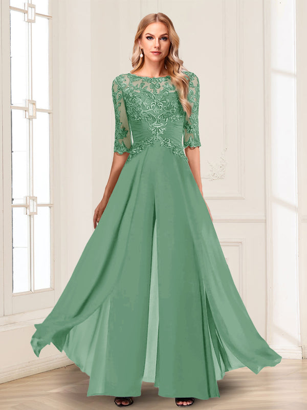 Chiffon Floor-Length Half Sleeves Scoop Mother of the Bride Pantsuits