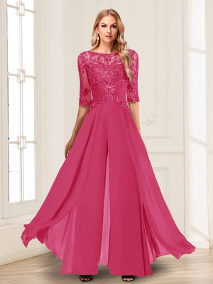 Chiffon Floor-Length Half Sleeves Scoop Mother of the Bride Pantsuits