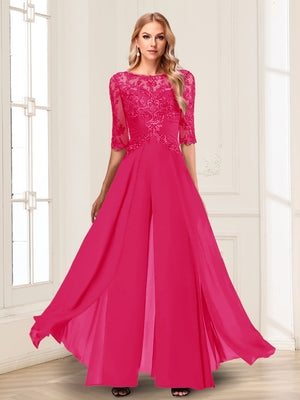 Chiffon Floor-Length Half Sleeves Scoop Mother of the Bride Pantsuits