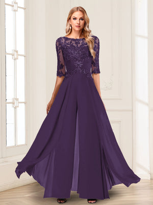 Chiffon Floor-Length Half Sleeves Scoop Mother of the Bride Pantsuits