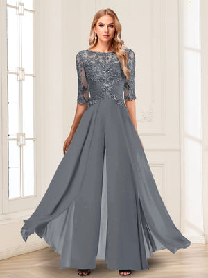 Chiffon Floor-Length Half Sleeves Scoop Mother of the Bride Pantsuits