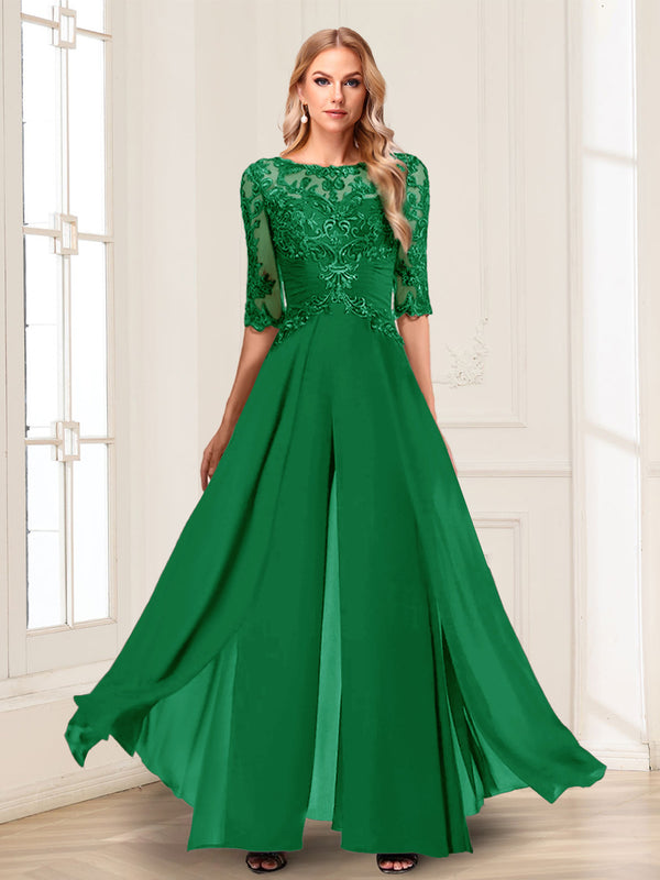 Chiffon Floor-Length Half Sleeves Scoop Mother of the Bride Pantsuits