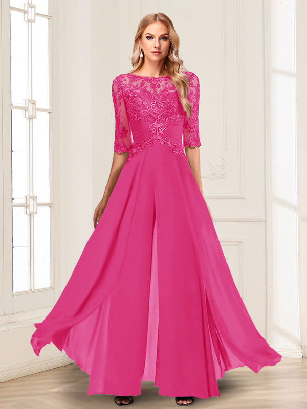 Chiffon Floor-Length Half Sleeves Scoop Mother of the Bride Pantsuits