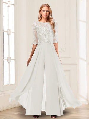 Chiffon Floor-Length Half Sleeves Scoop Mother of the Bride Pantsuits
