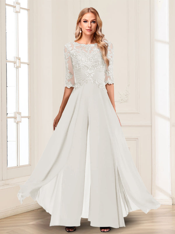 Chiffon Floor-Length Half Sleeves Scoop Mother of the Bride Pantsuits