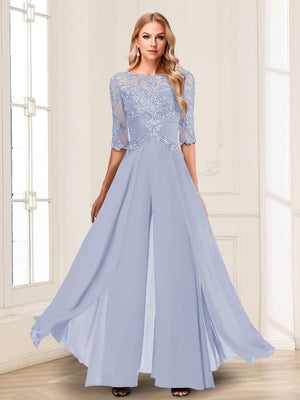 Chiffon Floor-Length Half Sleeves Scoop Mother of the Bride Pantsuits