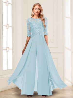 Chiffon Floor-Length Half Sleeves Scoop Mother of the Bride Pantsuits