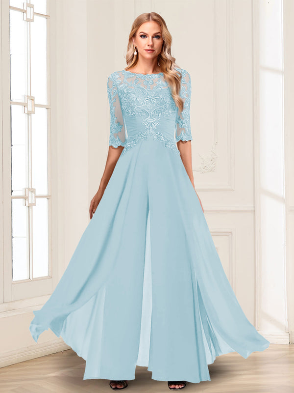 Chiffon Floor-Length Half Sleeves Scoop Mother of the Bride Pantsuits