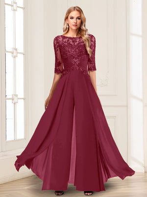 Chiffon Floor-Length Half Sleeves Scoop Mother of the Bride Pantsuits