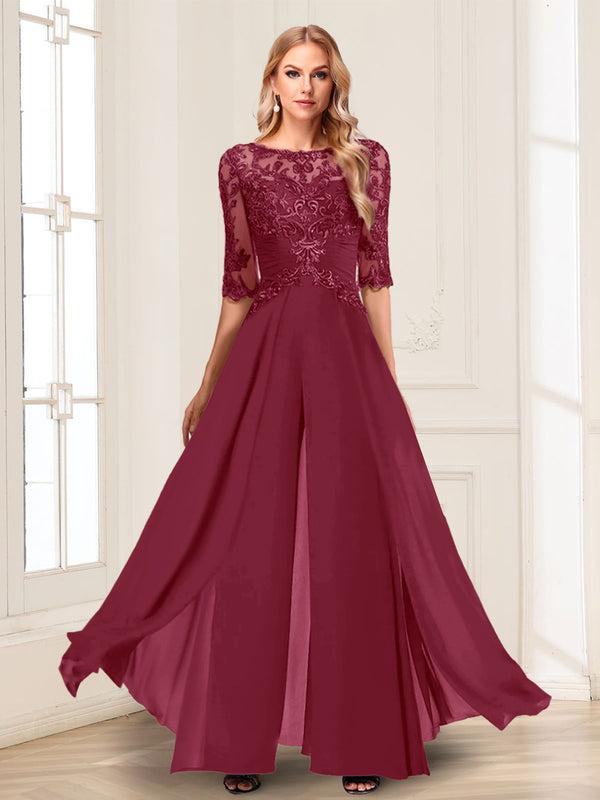 Chiffon Floor-Length Half Sleeves Scoop Mother of the Bride Pantsuits