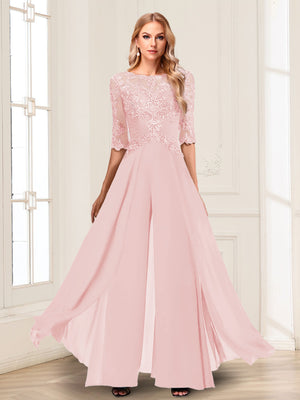 Chiffon Floor-Length Half Sleeves Scoop Mother of the Bride Pantsuits