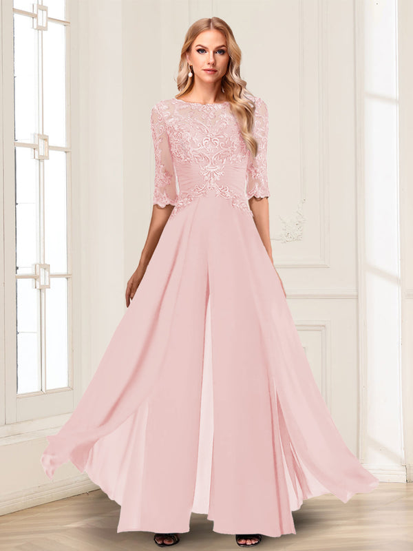 Chiffon Floor-Length Half Sleeves Scoop Mother of the Bride Pantsuits