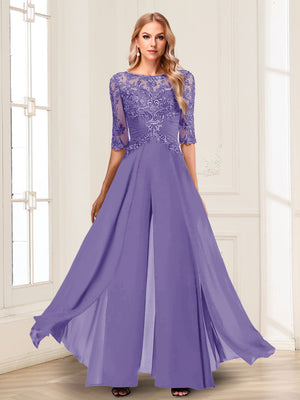 Chiffon Floor-Length Half Sleeves Scoop Mother of the Bride Pantsuits