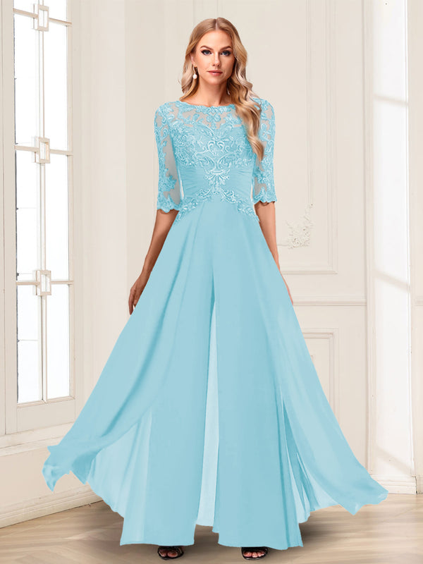 Chiffon Floor-Length Half Sleeves Scoop Mother of the Bride Pantsuits
