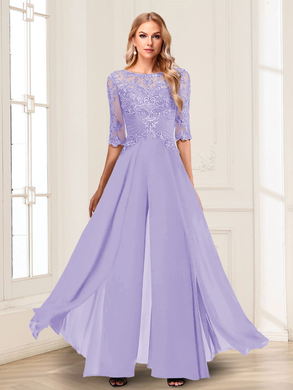 Chiffon Floor-Length Half Sleeves Scoop Mother of the Bride Pantsuits