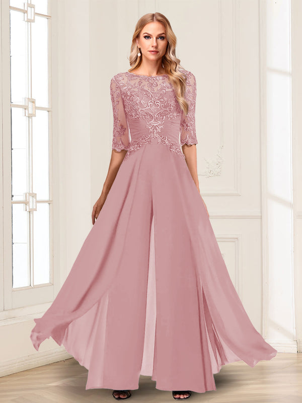 Chiffon Floor-Length Half Sleeves Scoop Mother of the Bride Pantsuits