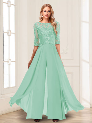 Chiffon Floor-Length Half Sleeves Scoop Mother of the Bride Pantsuits