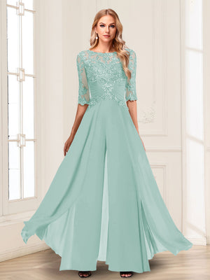Chiffon Floor-Length Half Sleeves Scoop Mother of the Bride Pantsuits