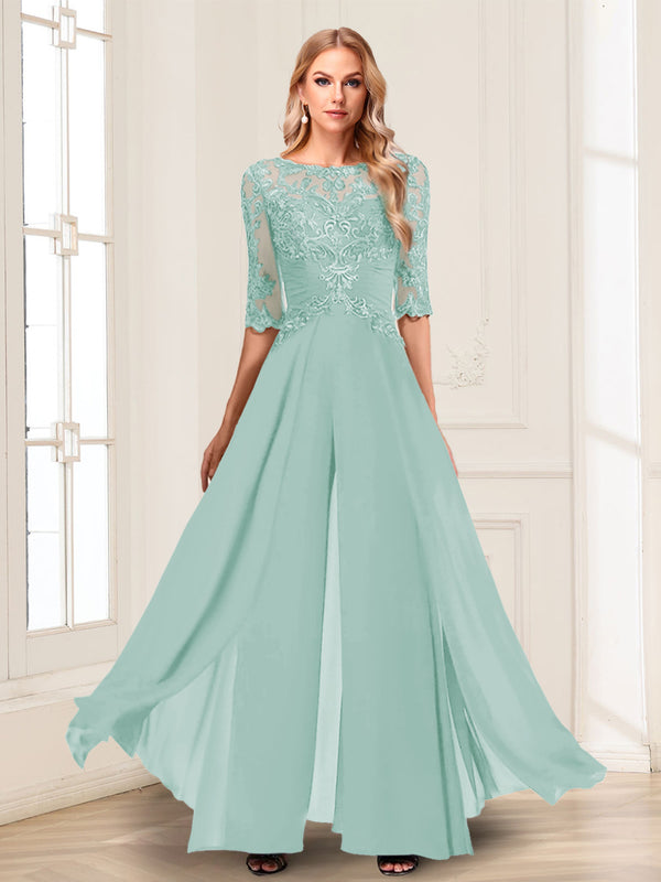Chiffon Floor-Length Half Sleeves Scoop Mother of the Bride Pantsuits